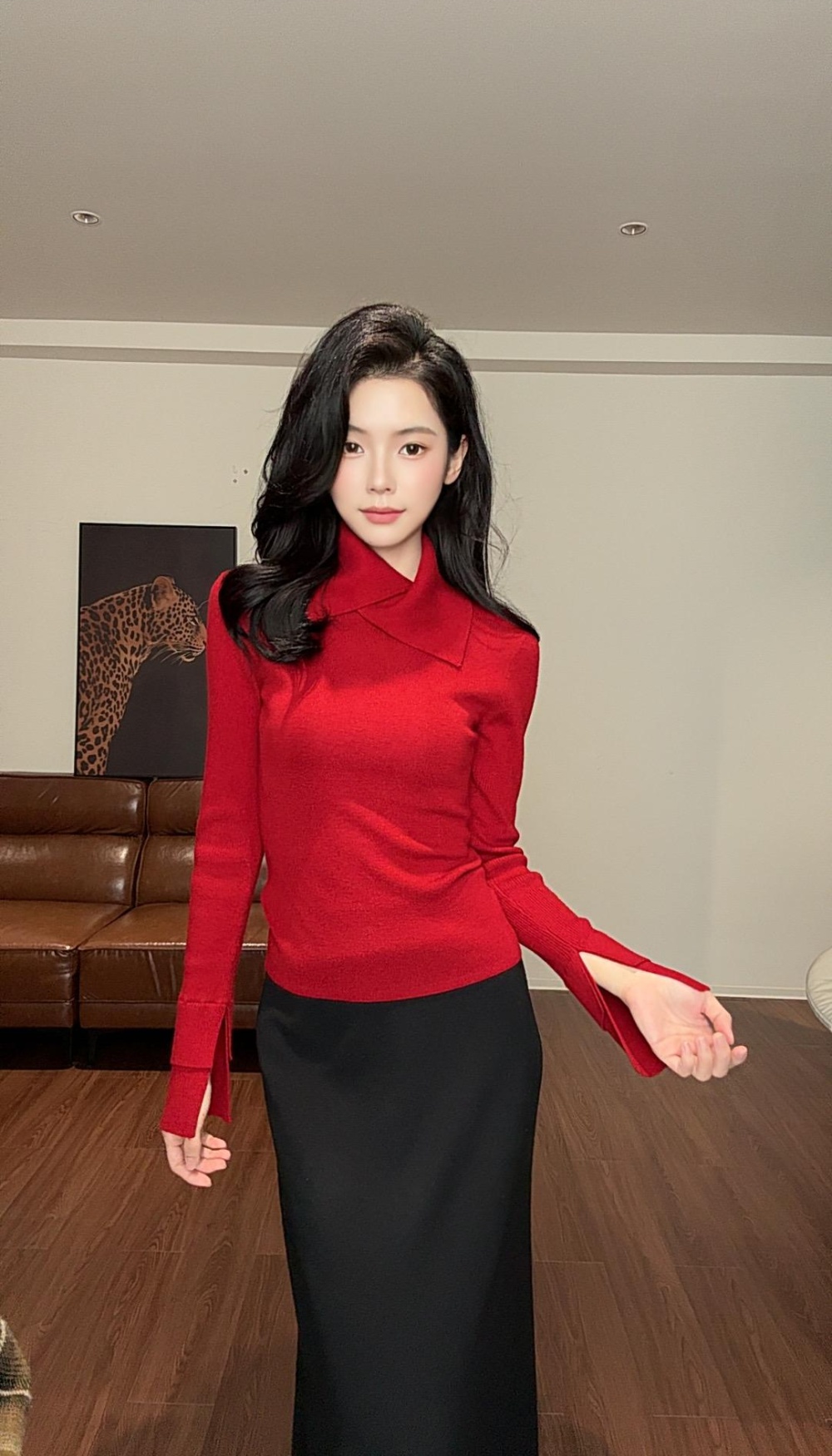 Long sleeve mixed colors lapel tops cuff slim bottoming shirt