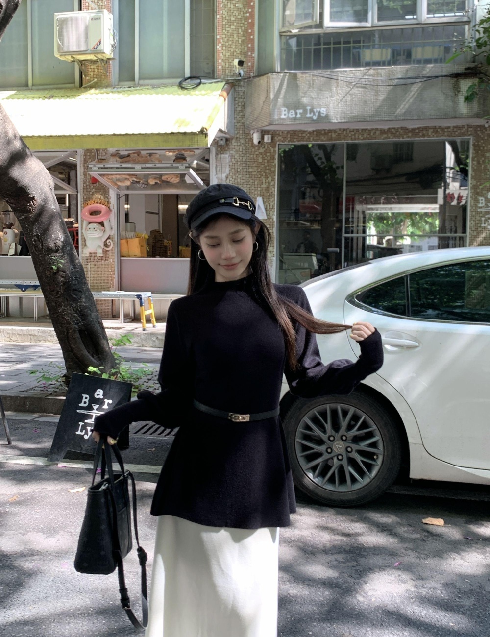 Lantern sleeve with belt sweater pinched waist tops for women