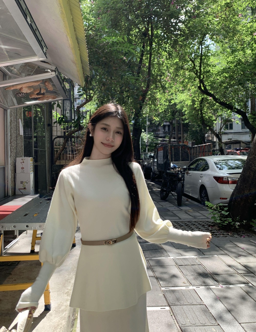 Lantern sleeve with belt sweater pinched waist tops for women