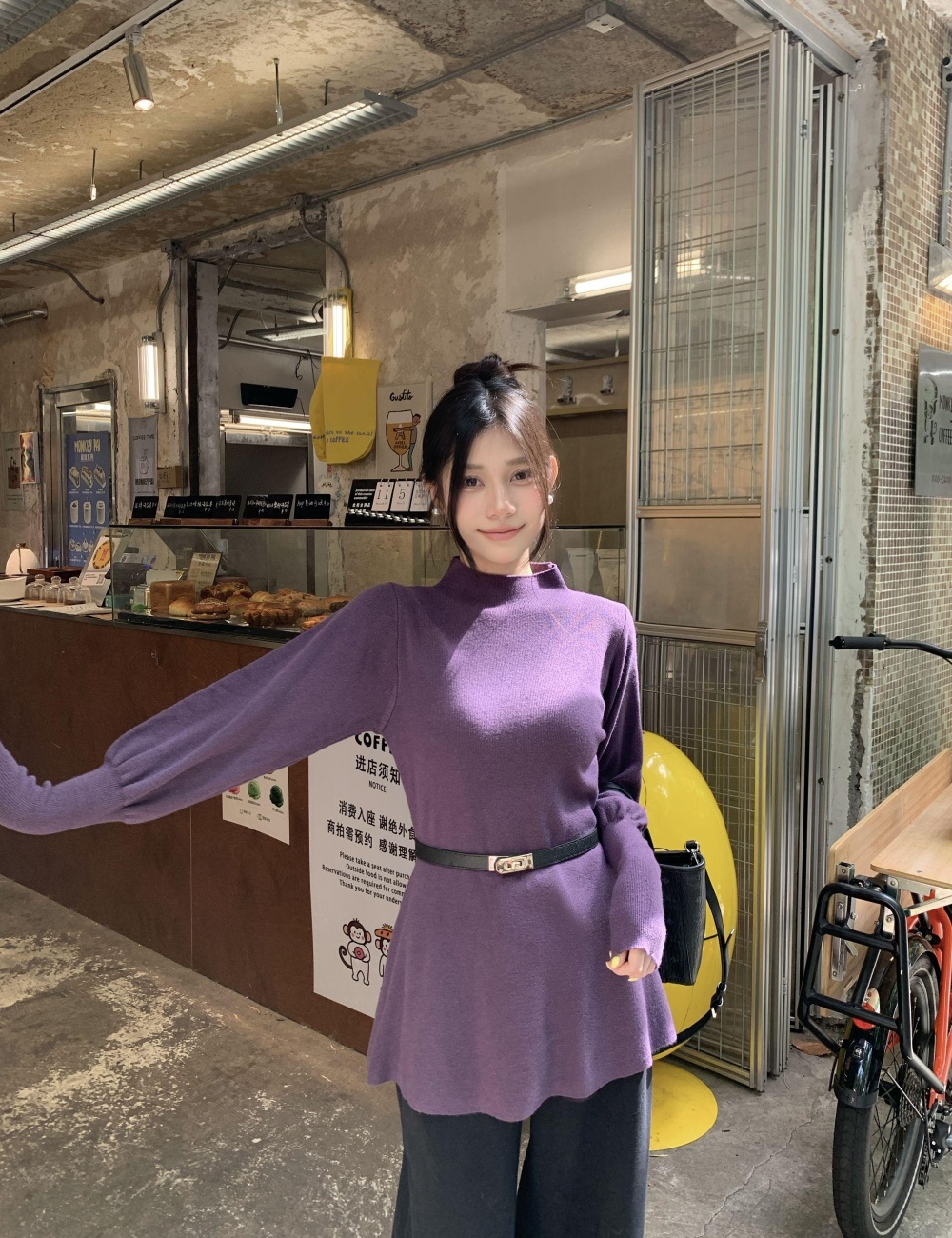 Lantern sleeve with belt sweater pinched waist tops for women