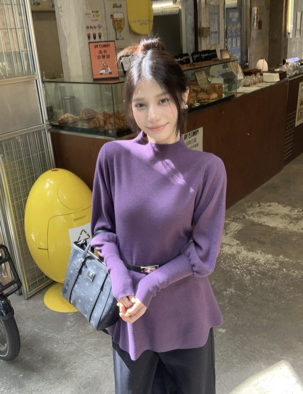 Lantern sleeve with belt sweater pinched waist tops for women