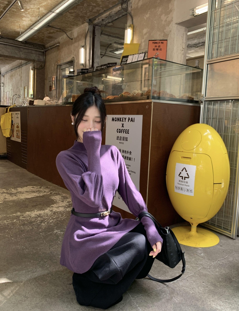 Lantern sleeve with belt sweater pinched waist tops for women