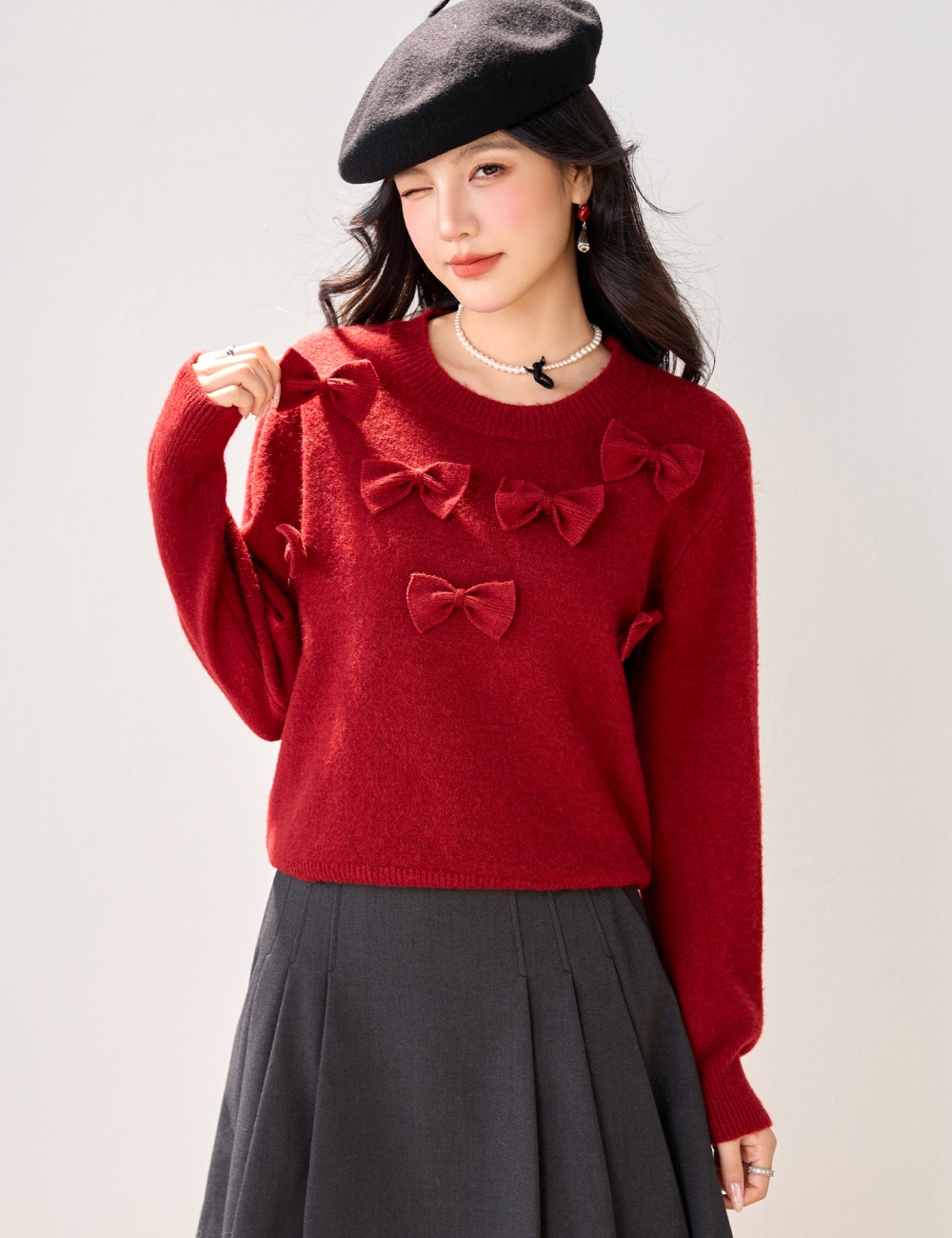Bow Western style sweater long sleeve temperament tops