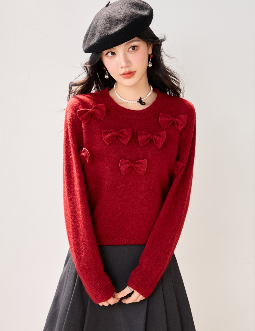 Bow Western style sweater long sleeve temperament tops