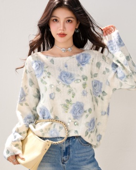 Blue knitted autumn and winter sequins flowers beading sweater