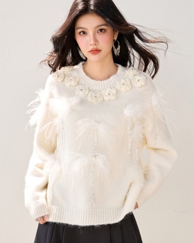 Beading feather tender autumn loose long sleeve sweater