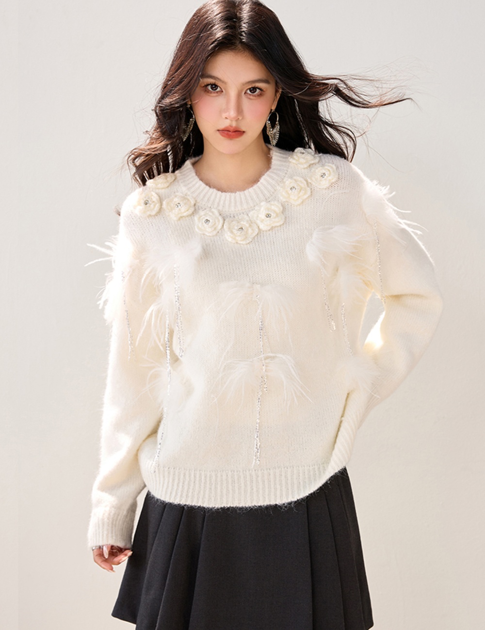 Beading feather tender autumn loose long sleeve sweater
