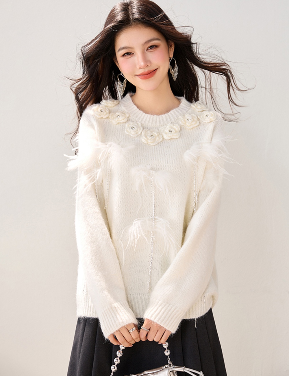 Beading feather tender autumn loose long sleeve sweater