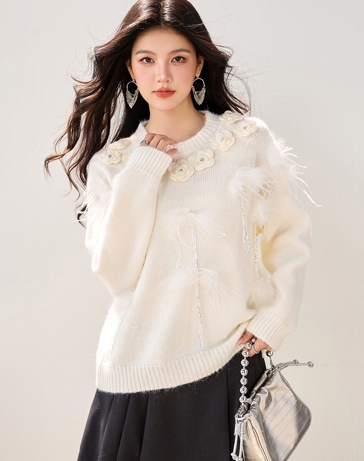 Beading feather tender autumn loose long sleeve sweater