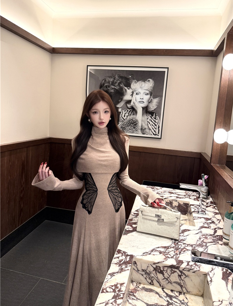 Slim sexy dress retro pinched waist shawl 2pcs set for women