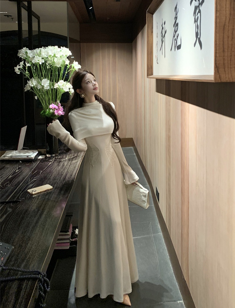 Slim sexy dress retro pinched waist shawl 2pcs set for women