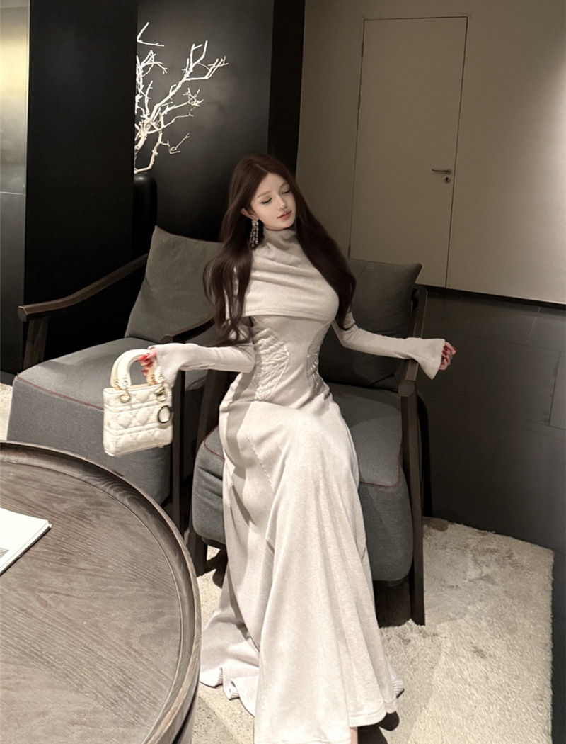 Slim sexy dress retro pinched waist shawl 2pcs set for women