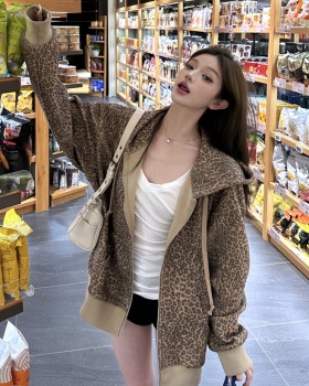Hooded long sleeve cardigan leopard coat