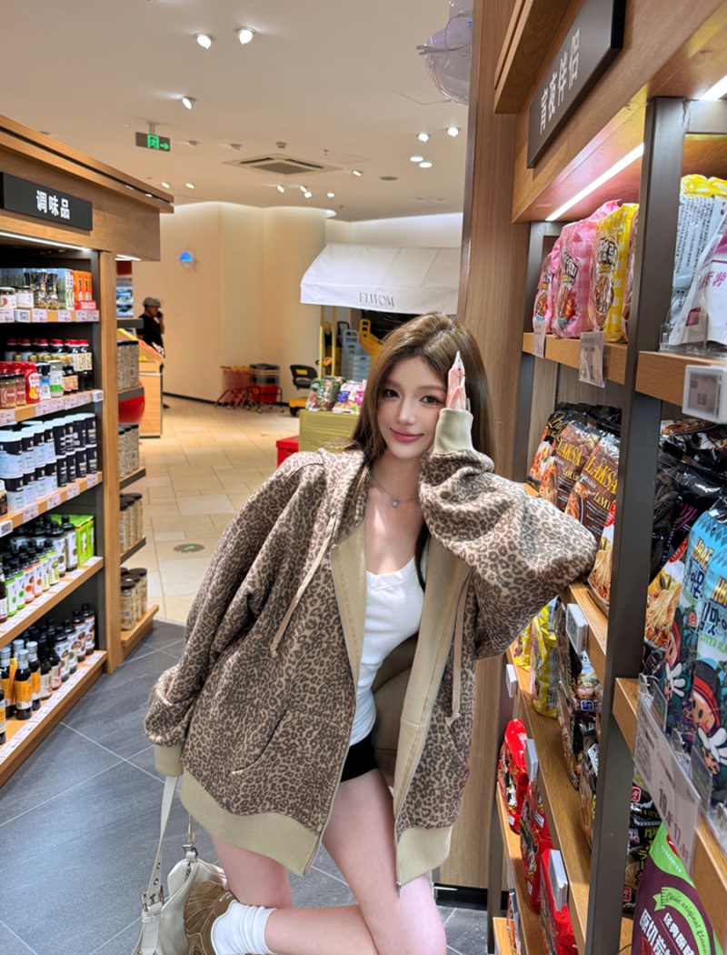 Hooded long sleeve cardigan leopard coat