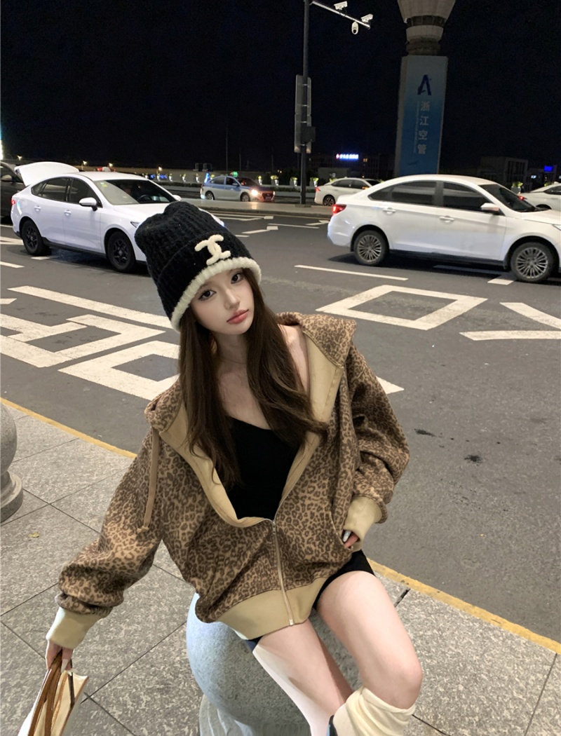 Hooded long sleeve cardigan leopard coat