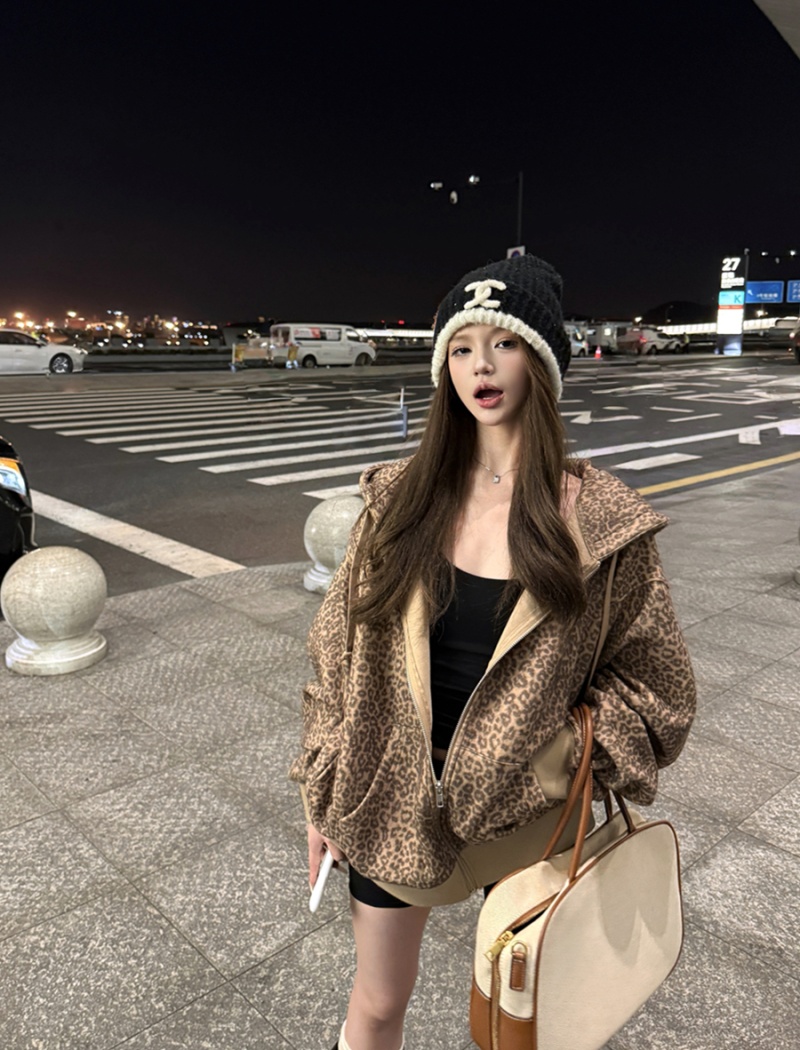 Hooded long sleeve cardigan leopard coat