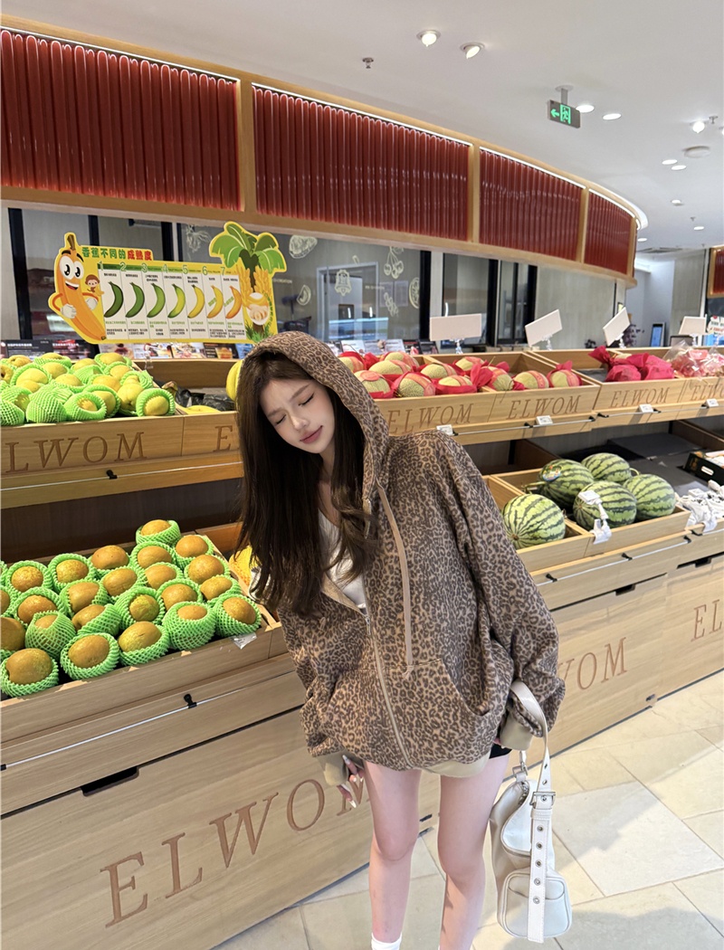 Hooded long sleeve cardigan leopard coat