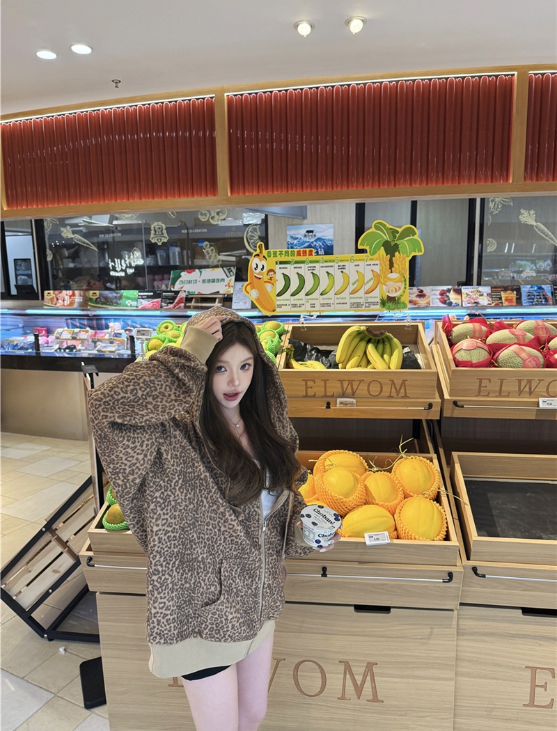 Hooded long sleeve cardigan leopard coat