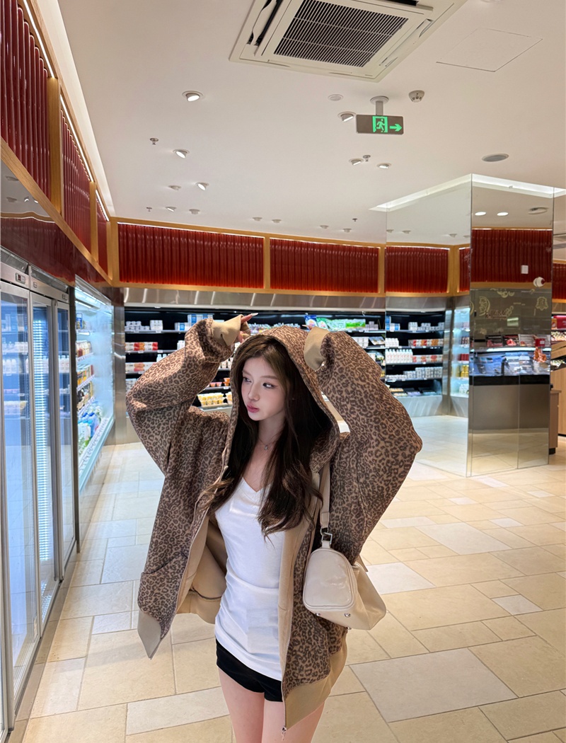 Hooded long sleeve cardigan leopard coat