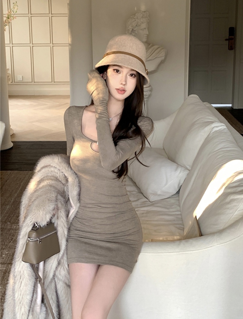 Slim sexy T-back square collar package hip dress for women