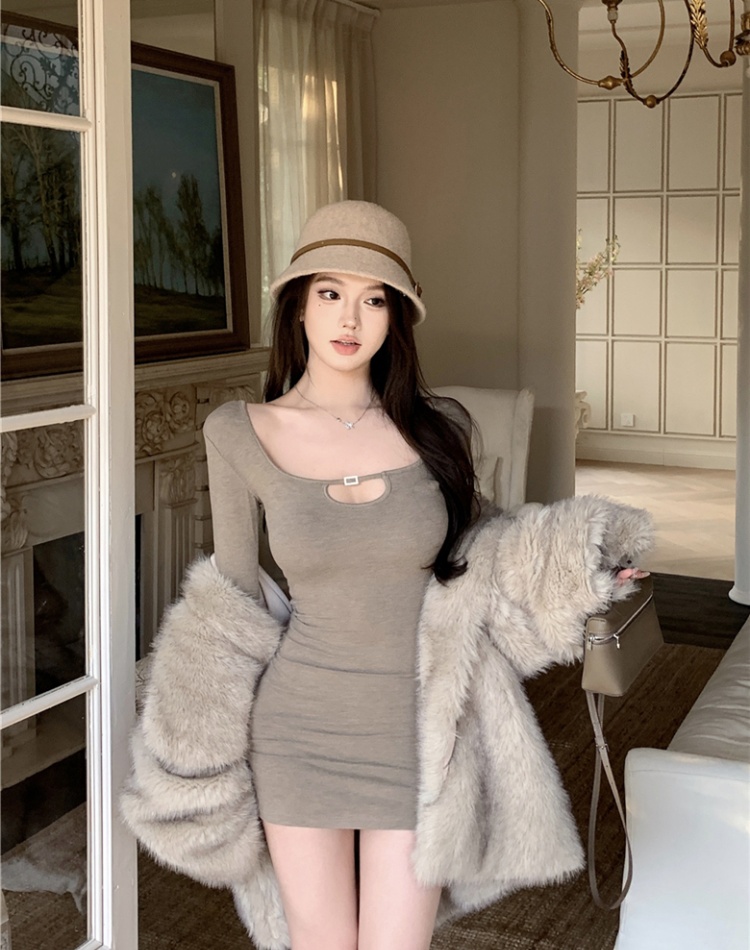 Slim sexy T-back square collar package hip dress for women