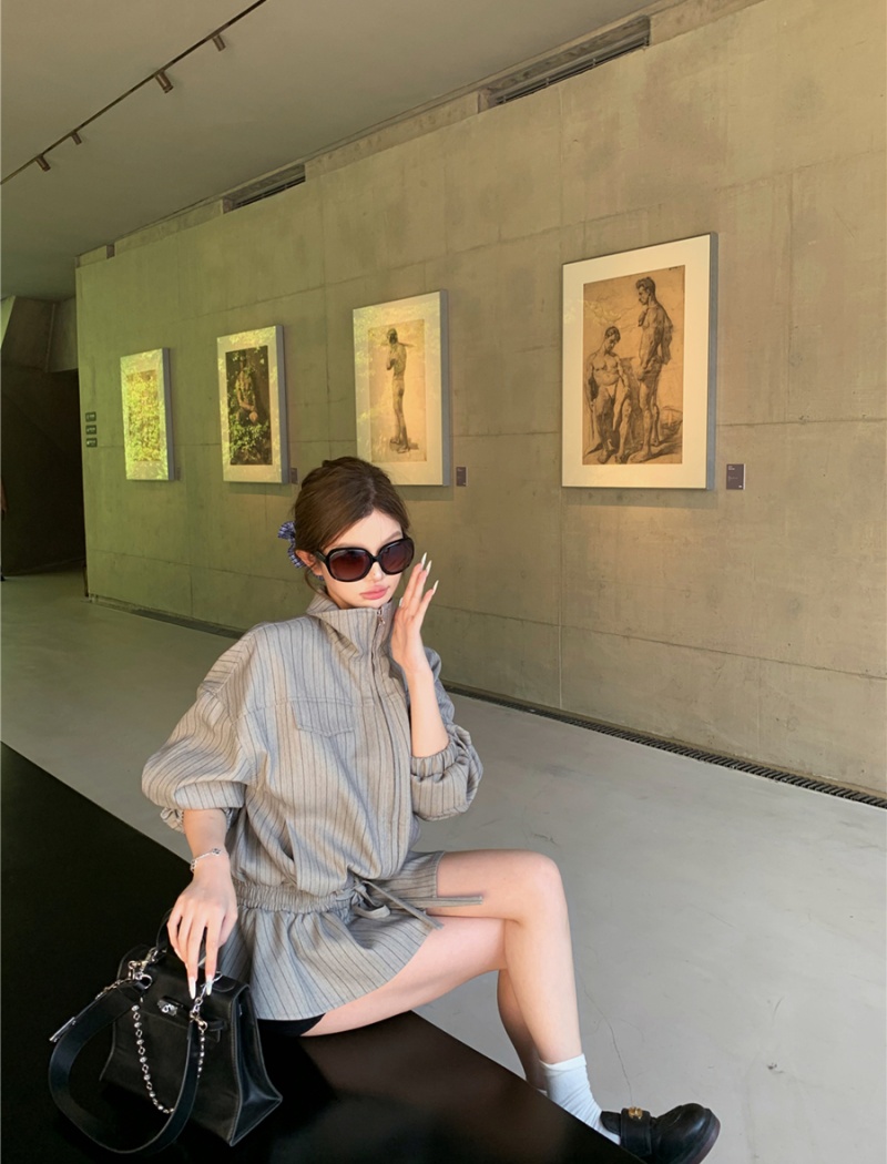 Pinched waist drawstring stripe autumn coat for women