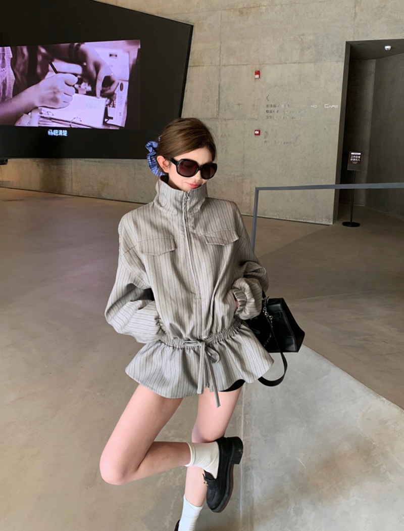 Pinched waist drawstring stripe autumn coat for women