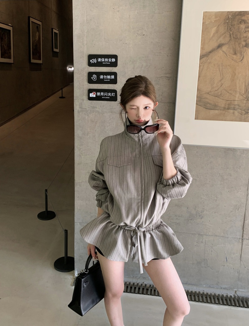 Pinched waist drawstring stripe autumn coat for women