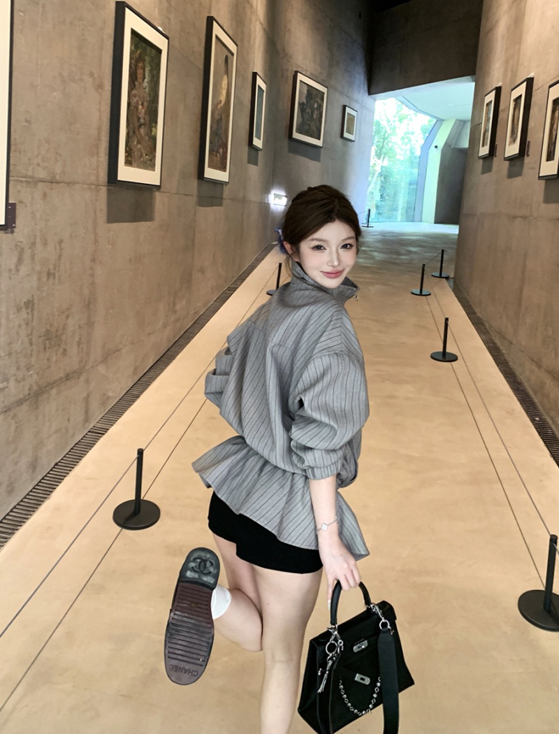 Pinched waist drawstring stripe autumn coat for women