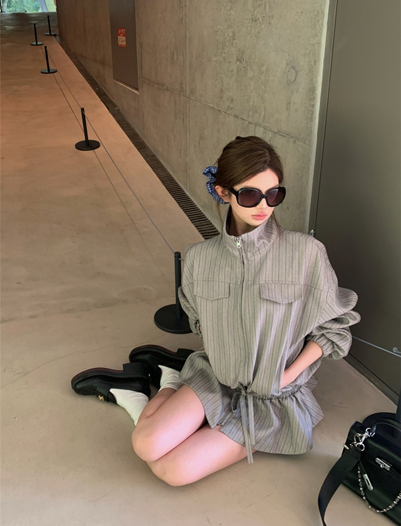 Pinched waist drawstring stripe autumn coat for women