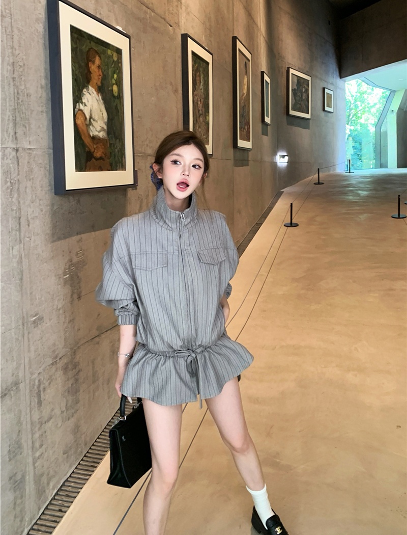 Pinched waist drawstring stripe autumn coat for women