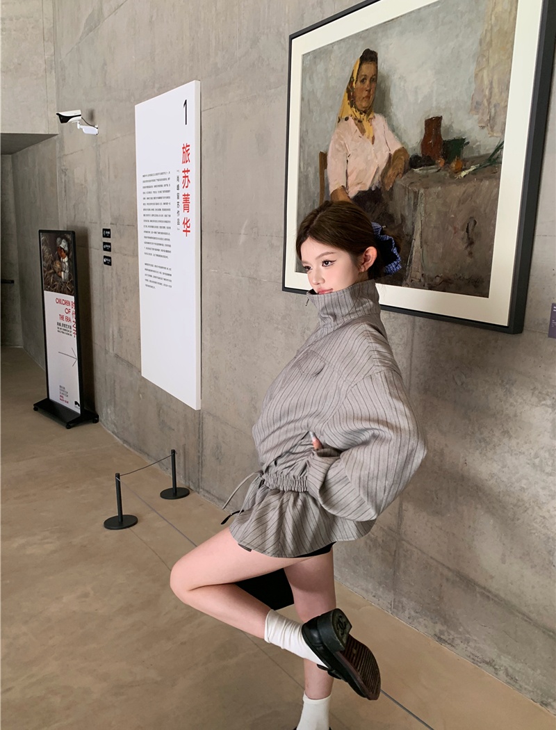 Pinched waist drawstring stripe autumn coat for women