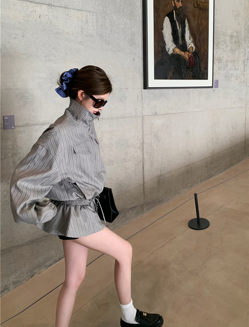 Pinched waist drawstring stripe autumn coat for women