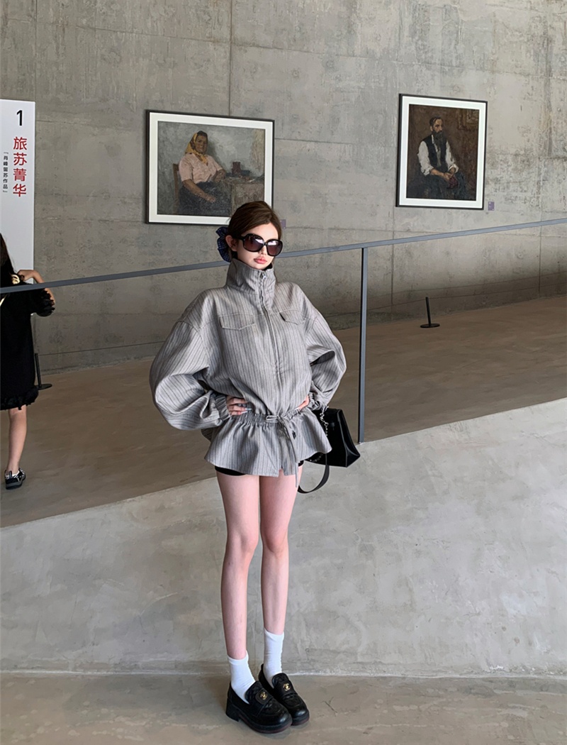 Pinched waist drawstring stripe autumn coat for women