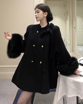 Double-breasted chanelstyle long woolen coat loose bow coat