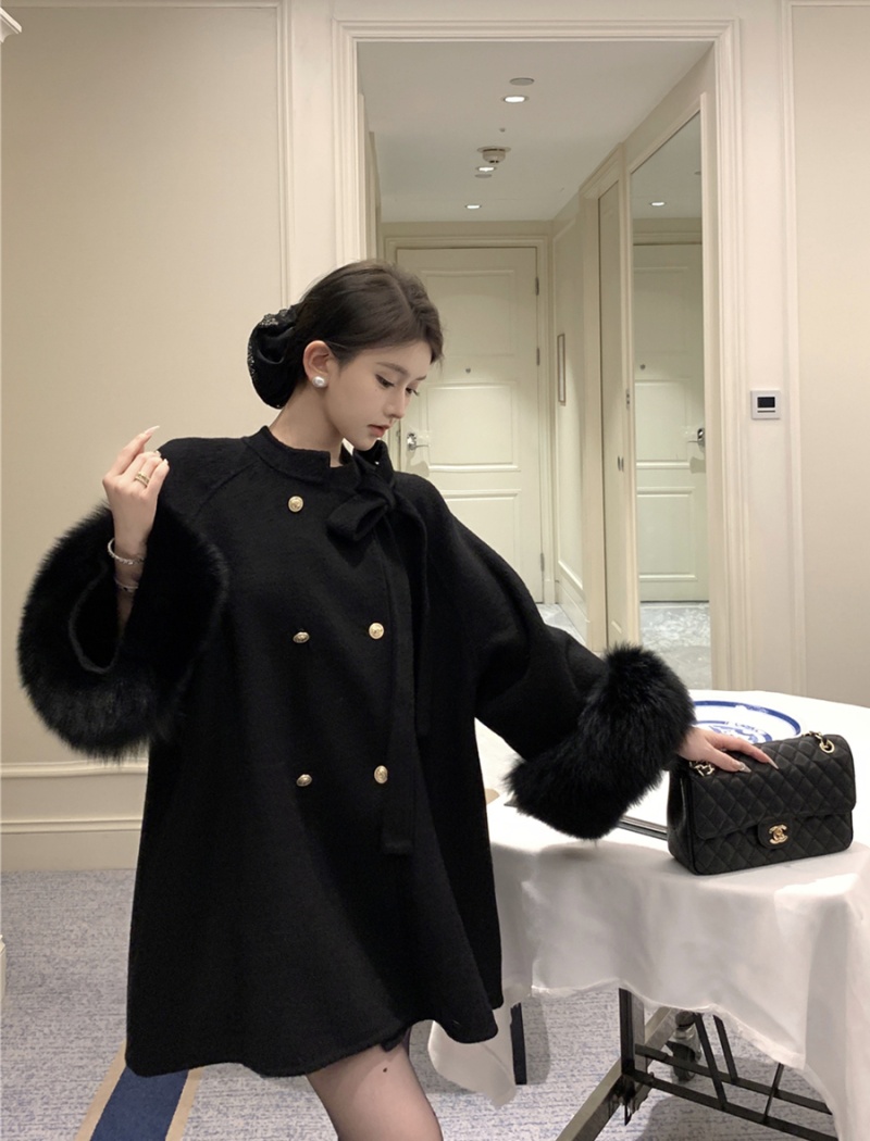 Double-breasted chanelstyle long woolen coat loose bow coat