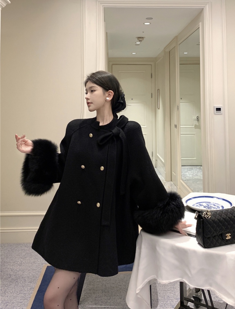Double-breasted chanelstyle long woolen coat loose bow coat