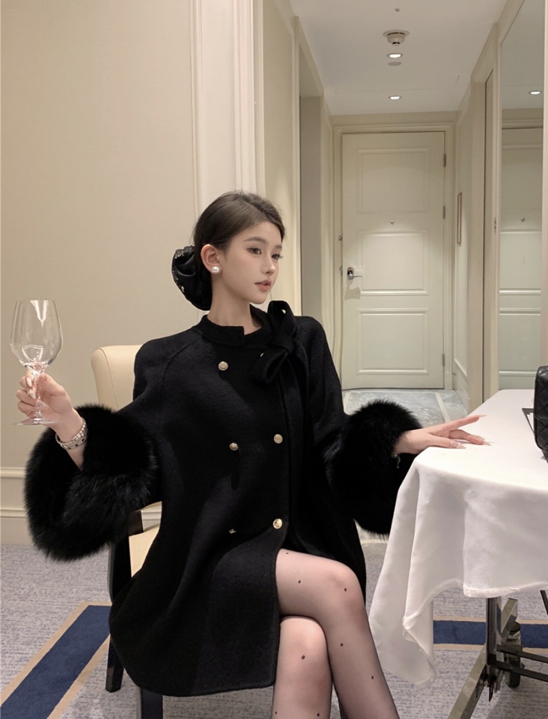 Double-breasted chanelstyle long woolen coat loose bow coat