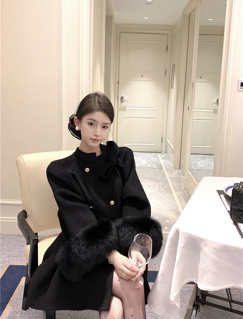 Double-breasted chanelstyle long woolen coat loose bow coat