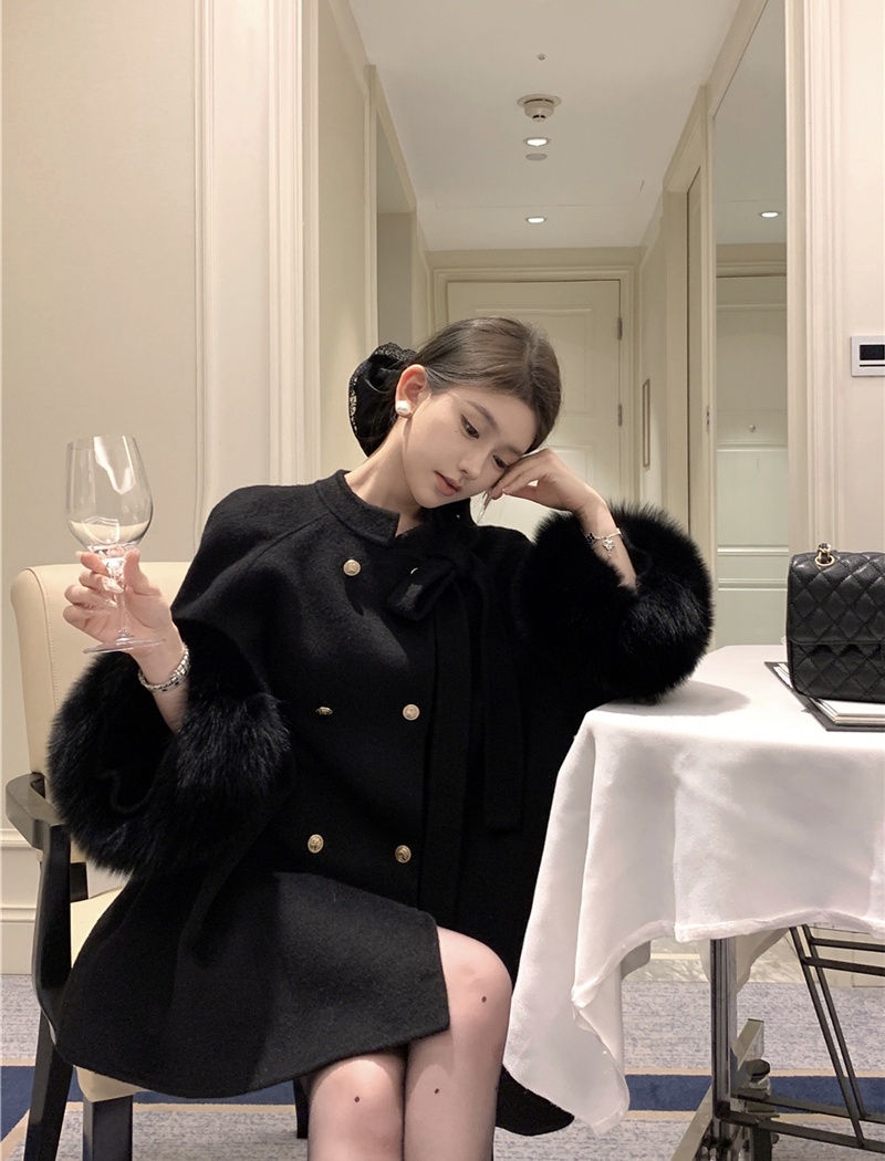 Double-breasted chanelstyle long woolen coat loose bow coat