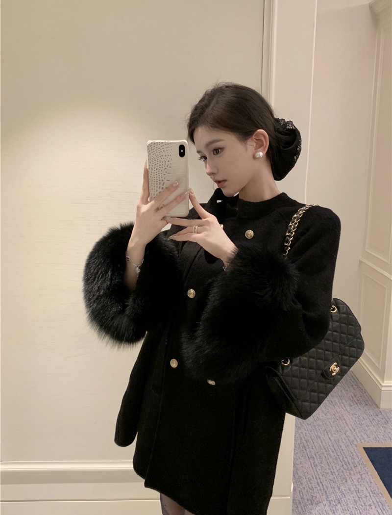Double-breasted chanelstyle long woolen coat loose bow coat