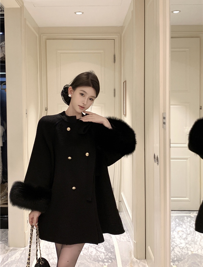 Double-breasted chanelstyle long woolen coat loose bow coat