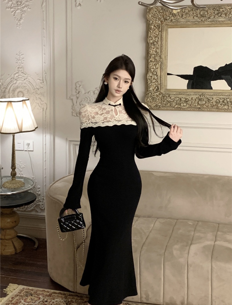 Retro package hip cheongsam splice long dress for women