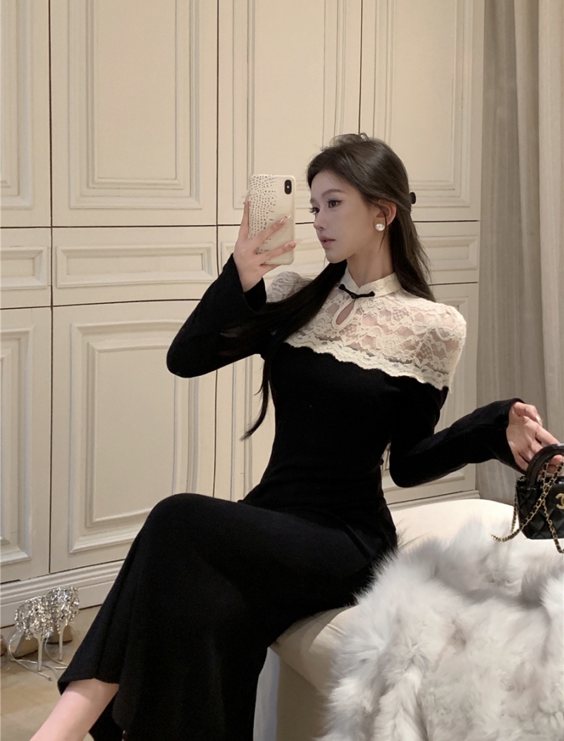 Retro package hip cheongsam splice long dress for women