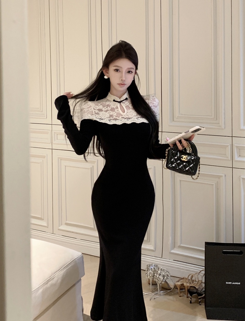 Retro package hip cheongsam splice long dress for women