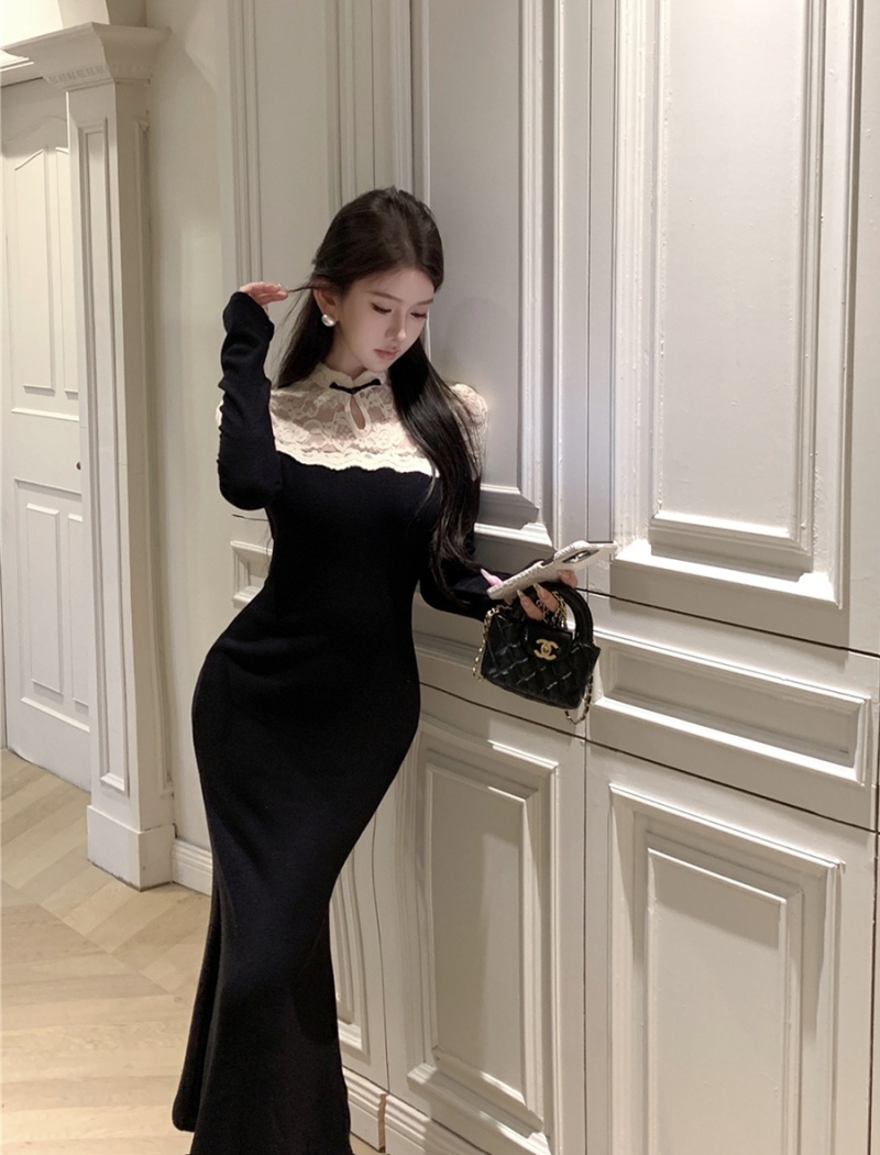 Retro package hip cheongsam splice long dress for women