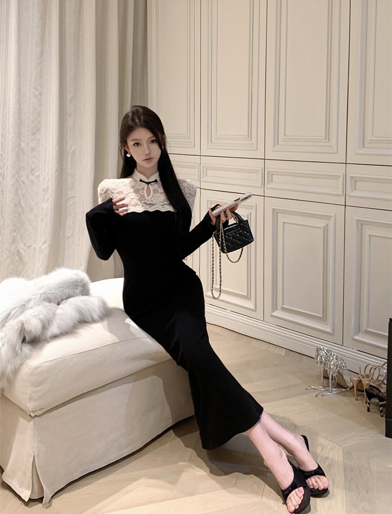 Retro package hip cheongsam splice long dress for women