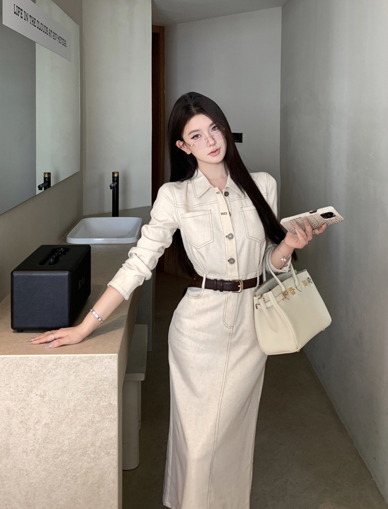 Pinched waist retro dress France style long dress for women