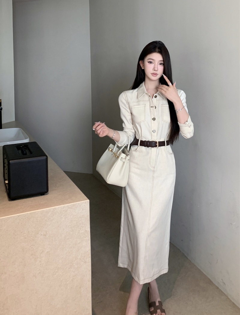 Pinched waist retro dress France style long dress for women