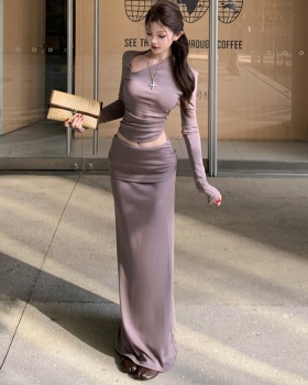 Sloping shoulder skirt asymmetry T-shirt 2pcs set